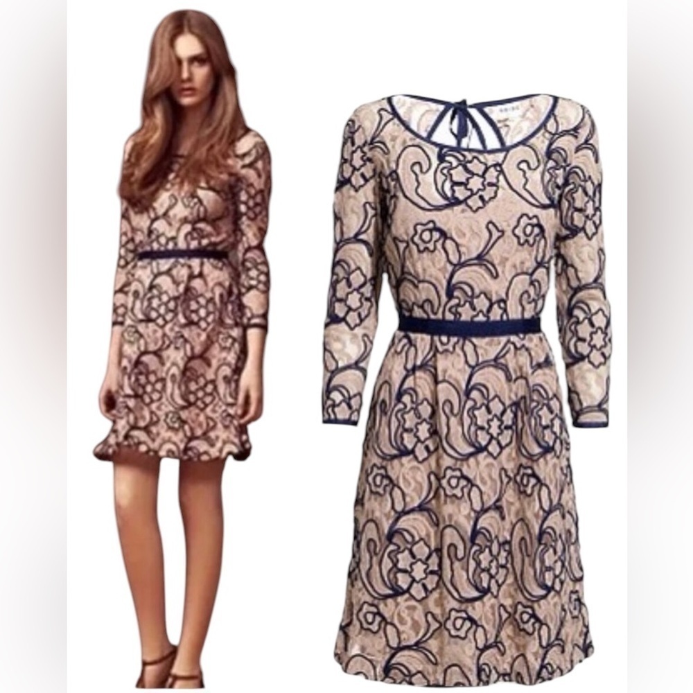 Reiss Lace Open Back Blush Pink and Navy Blue Cocktail Dress Size 8